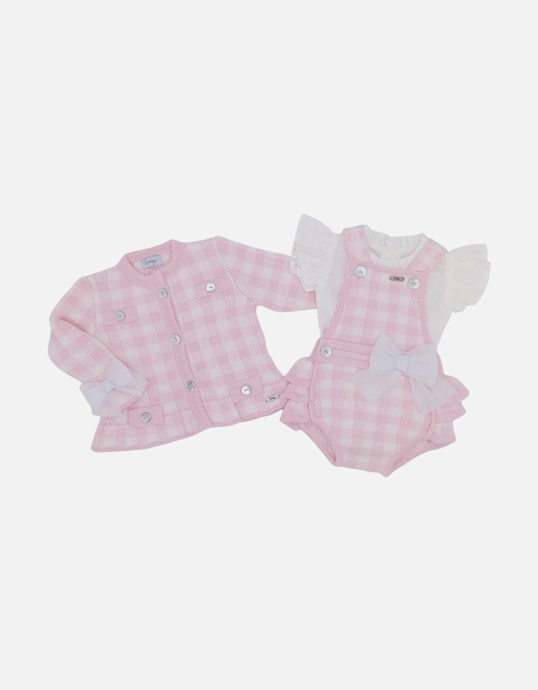 Girls Pink Gingham Knit Romper Set