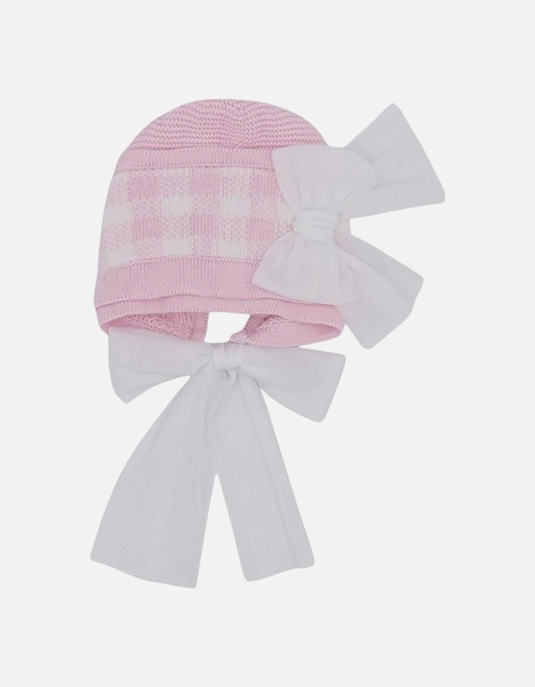 Girls Pink Gingham Knit Bonnet