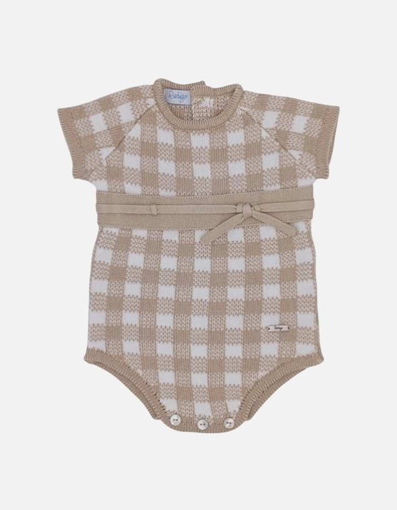 Boys Camel Gingham Knit Romper