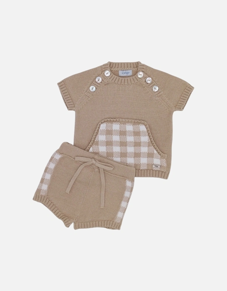 Boys Camel Gingham Knit Short Set