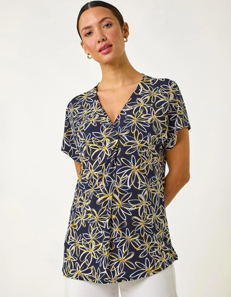 Floral Print Pleat Front Stretch Top