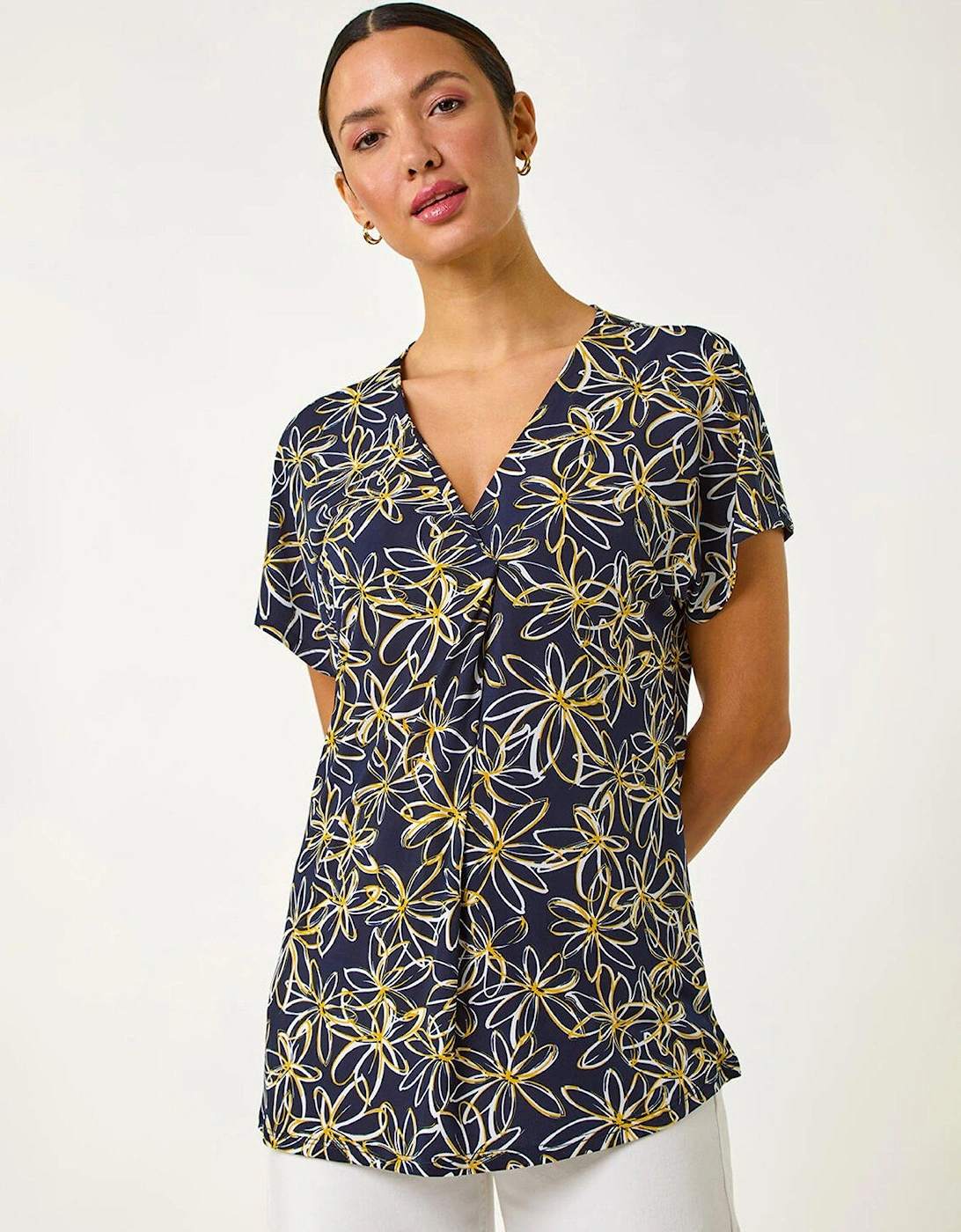 Floral Print Pleat Front Stretch Top, 2 of 1