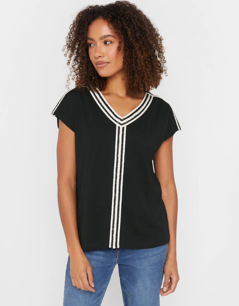 Embroidery Trim V Neck Top - Black