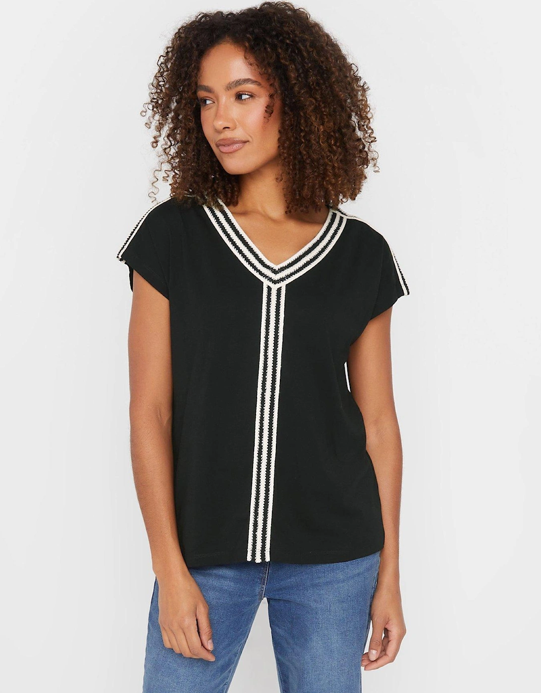 Embroidery Trim V Neck Top - Black, 2 of 1