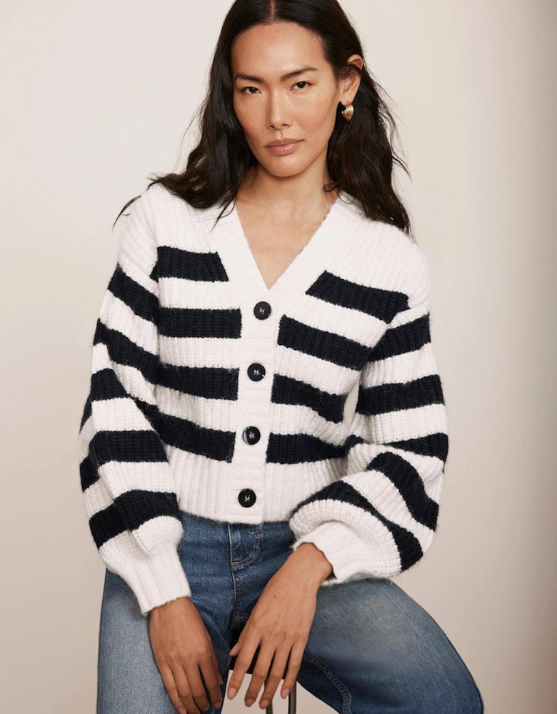 Navy Stripe V Neck Cardigan - Cream