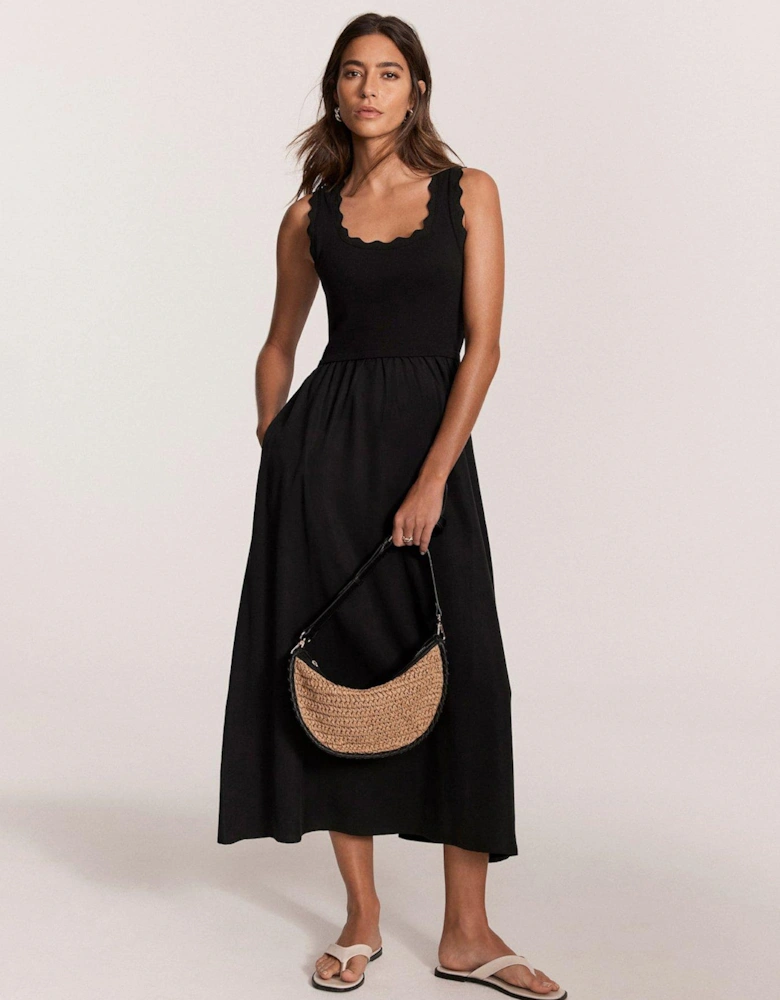 Scallop Trim Midi Dress - Black