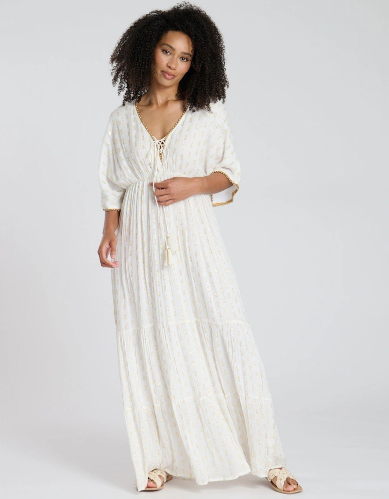 Metallic Jacquard Spot Tiered Maxi Dress