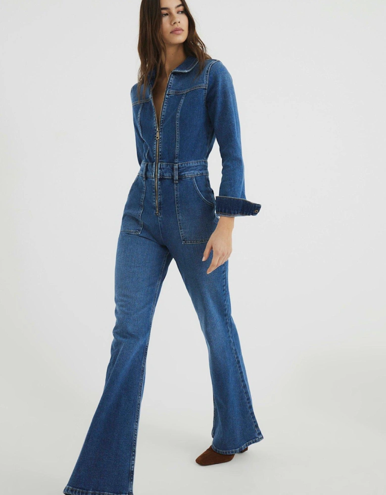 Denim Relaxed Flare Leg Jumpsuit - Medium Denim