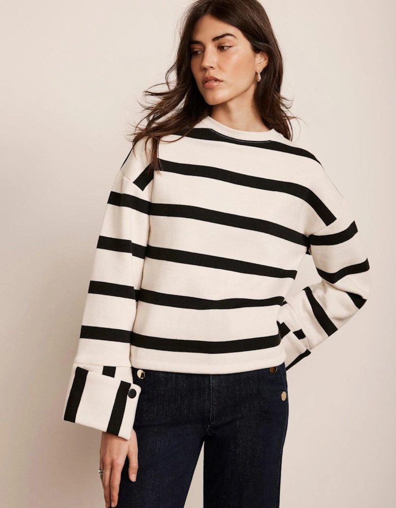 Cream Striped Statement Cuff Sweatshirt - Navy