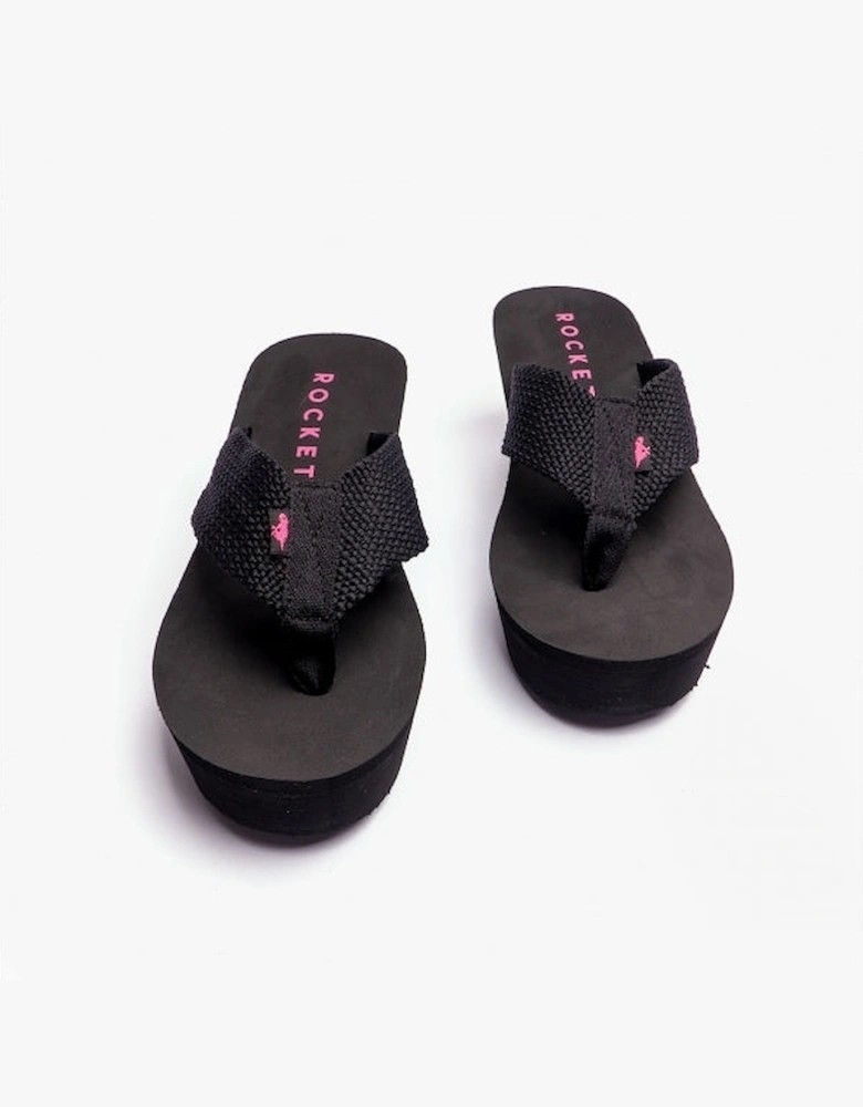 DIVER WEBBING Womens Textile Wedge Flip Flops Black