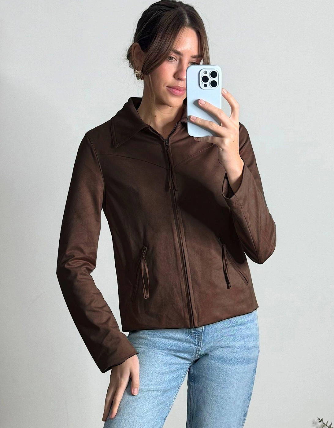 Suedette Zip Up Jacket - Brown