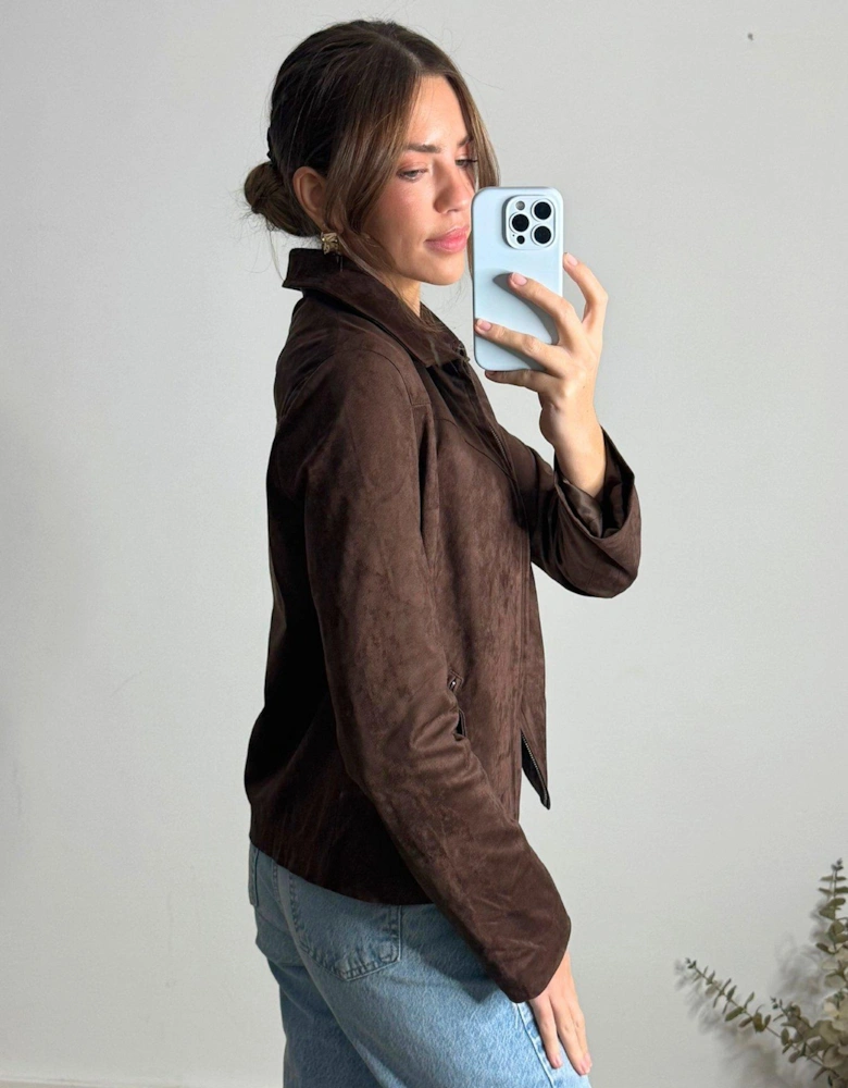 Suedette Zip Up Jacket - Brown