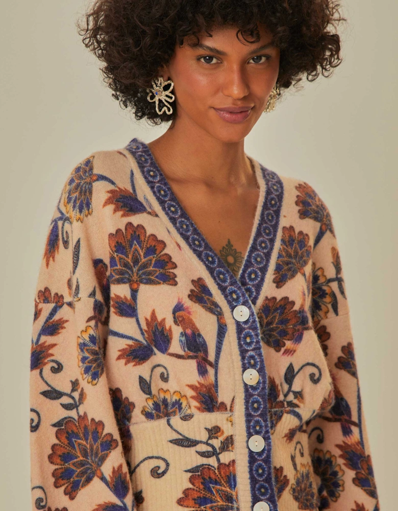 Cream Ainika Maxi Floral Knit Cardigan