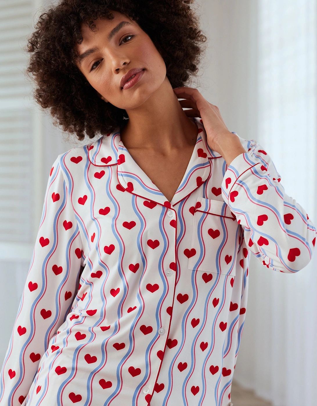 Wavy Stripe Heart Print Pyjama Set