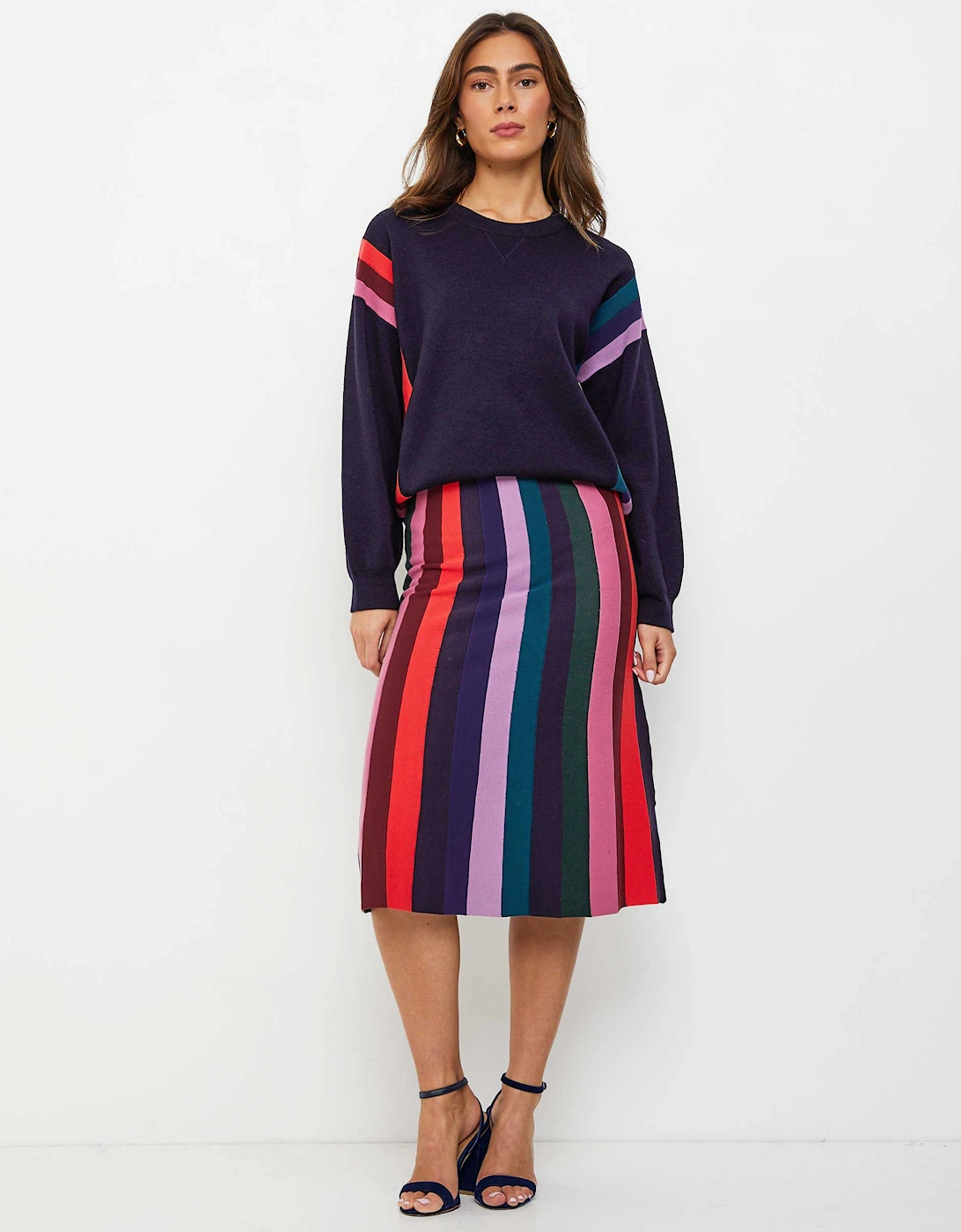 Knitted Multi Stripe Midi Skirt