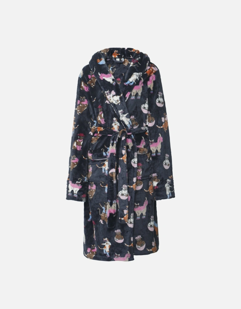 Fleece Disco Cats Print Dressing Gown