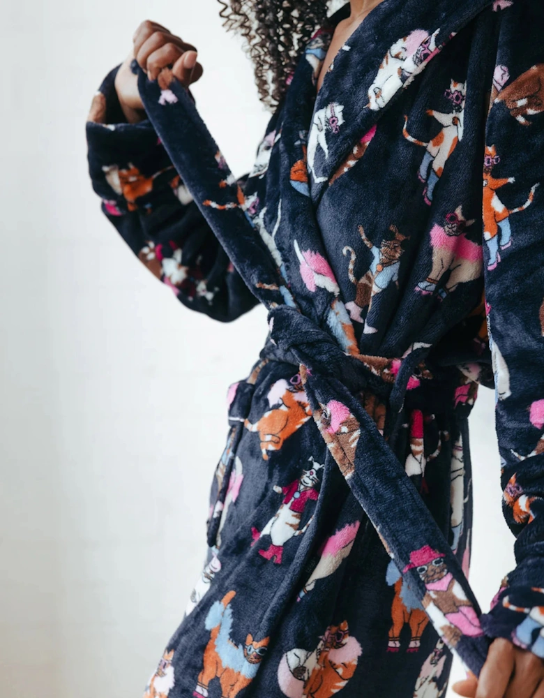 Fleece Disco Cats Print Dressing Gown