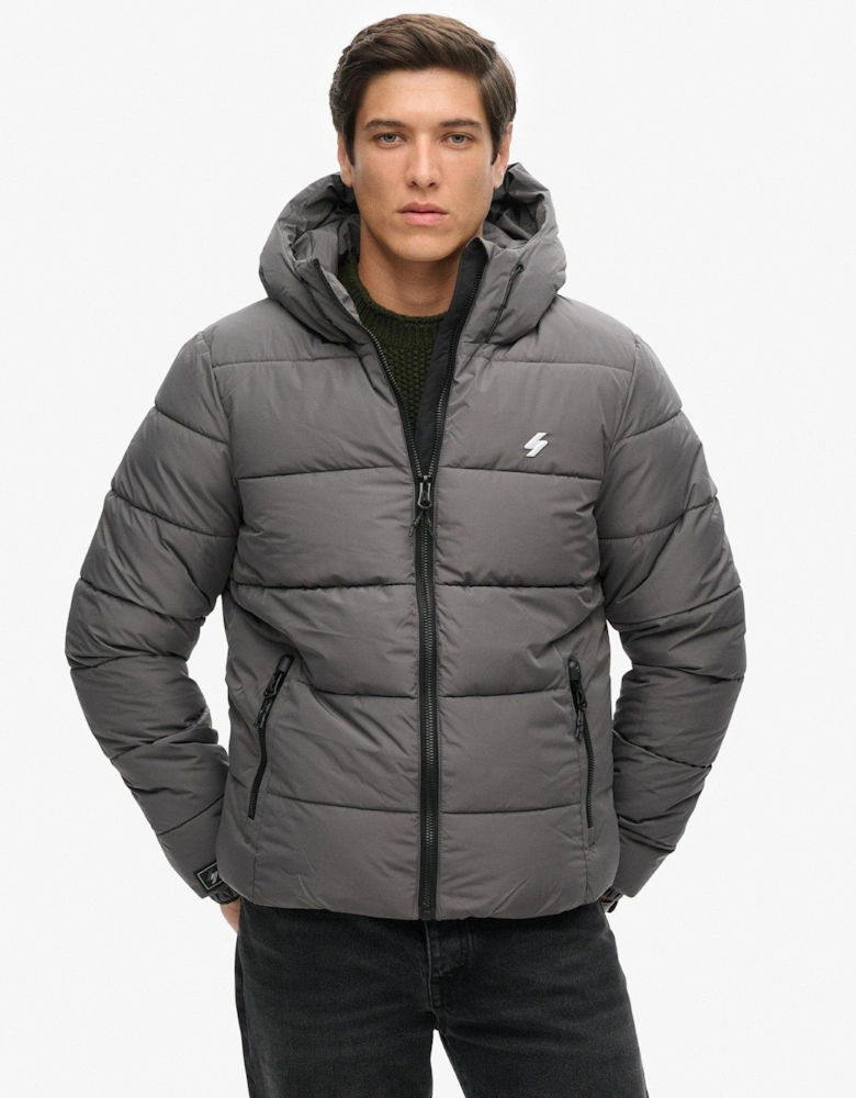 Hooded Sports Padded Jacket - Grey