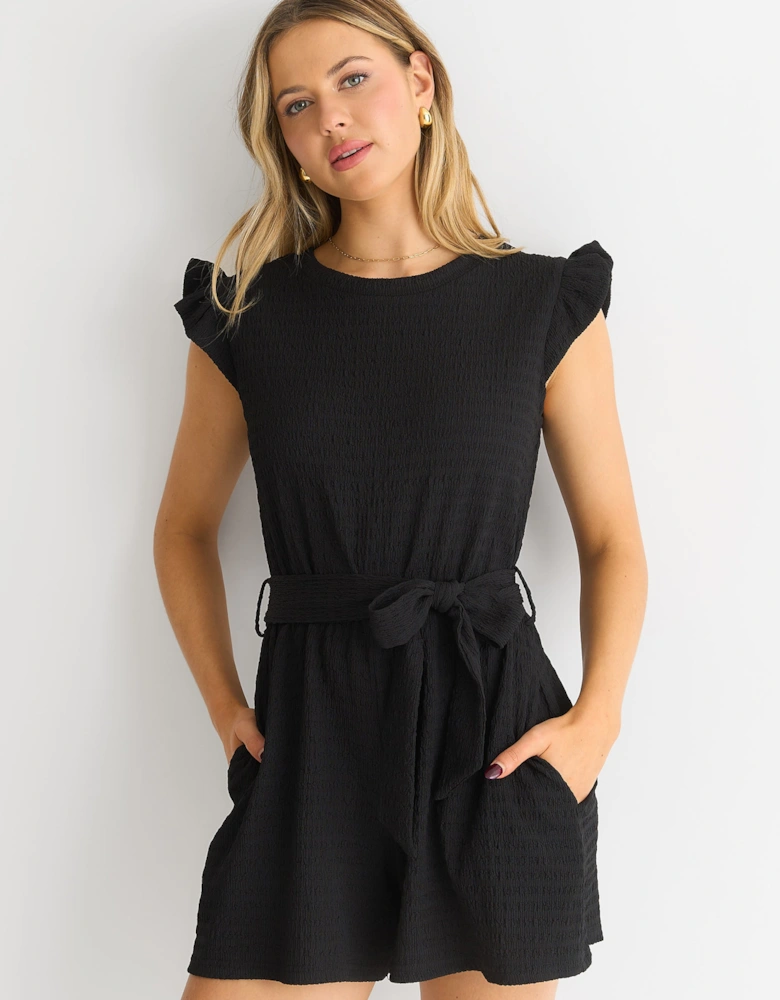 Black Stretch Texture Frill Elasticated Waist Playsuit