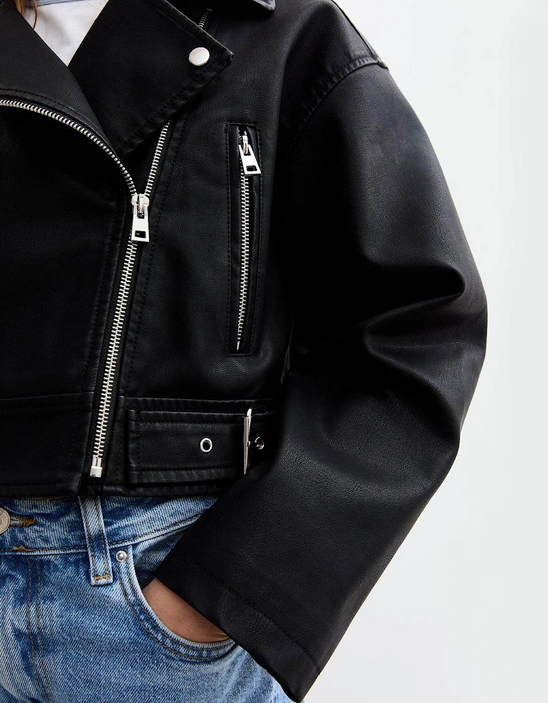 Girls Black Faux Leather Cropped Biker Jacket