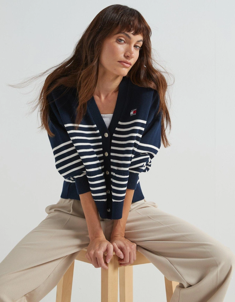 Striped Cable Knit Cardigan - Navy