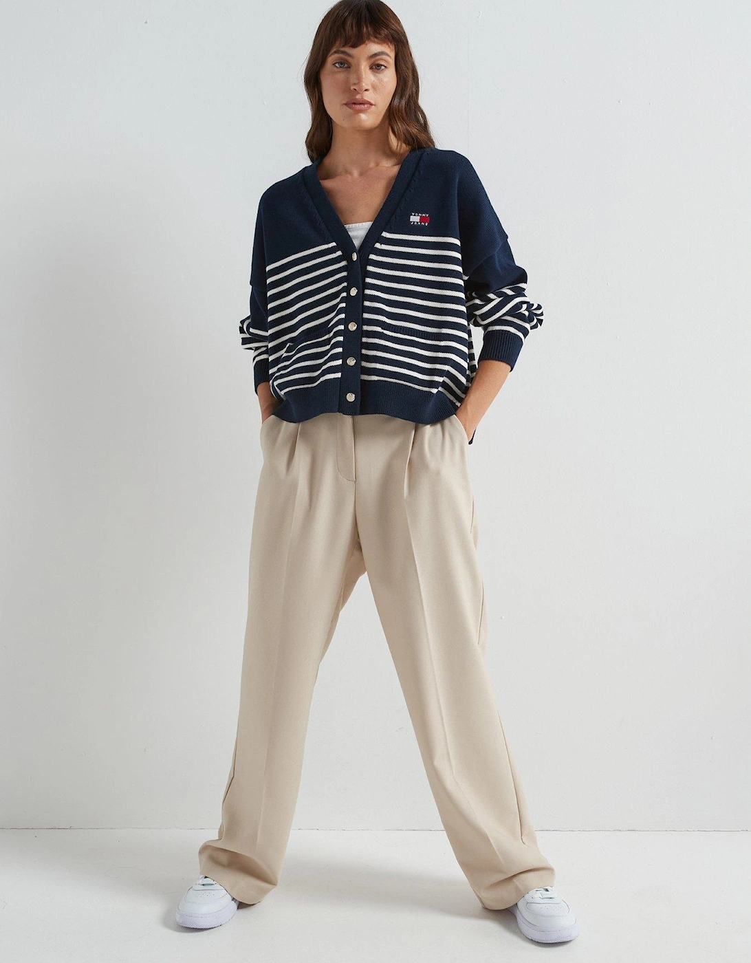 Striped Cable Knit Cardigan - Navy