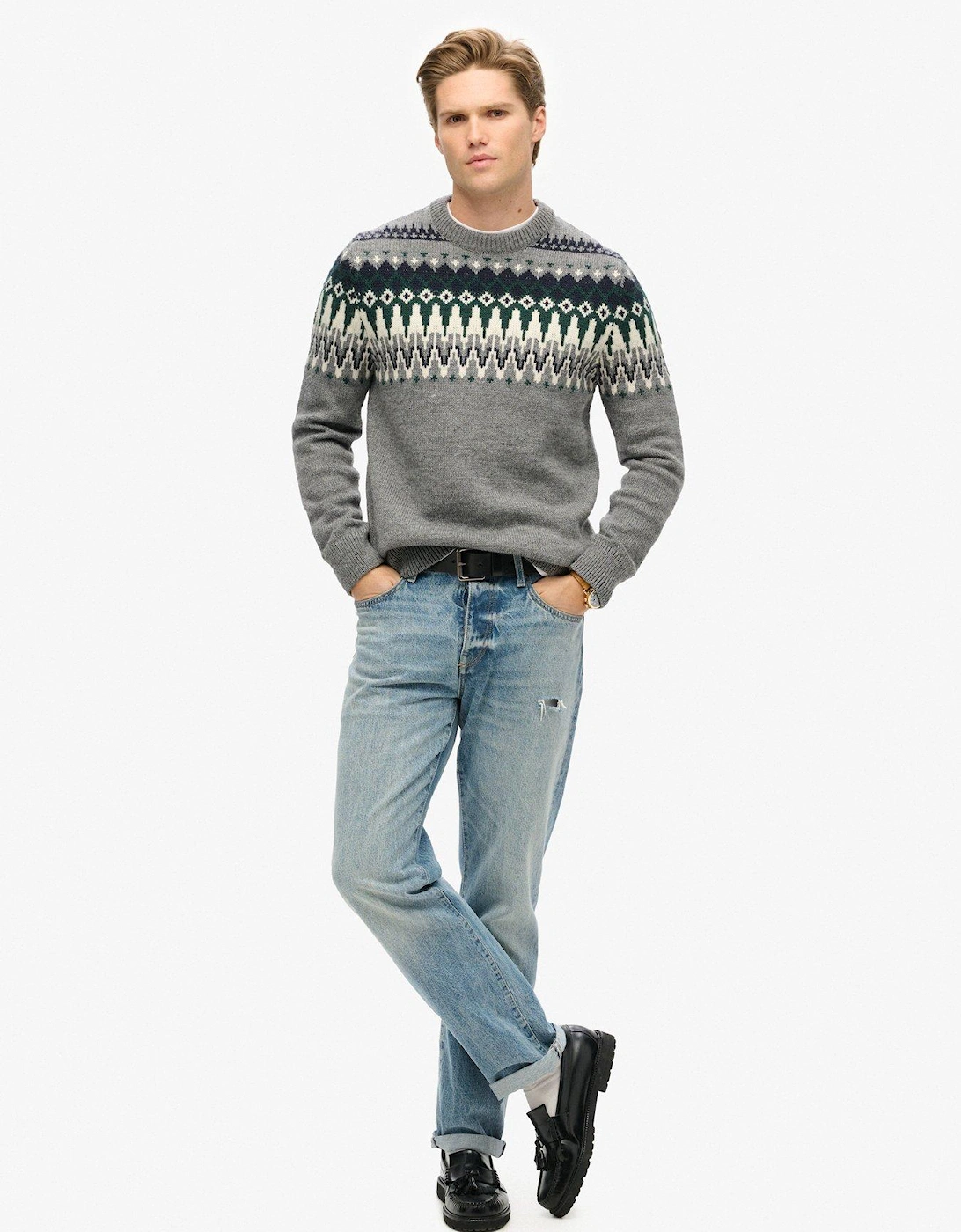 Fairisle Roll Neck Knitted Jumper - Grey