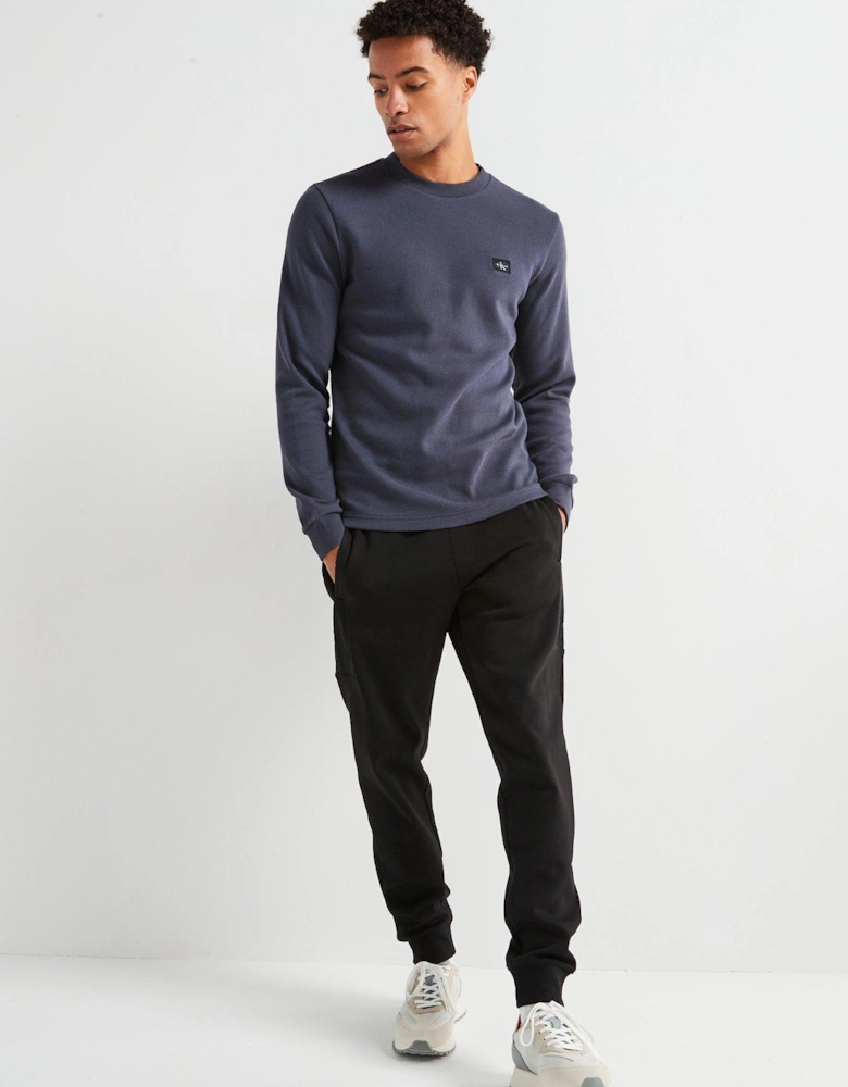 Woven Label Waffle Long Sleeve T-Shirt - Navy