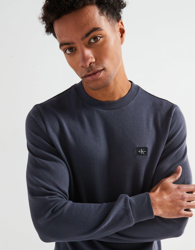 Woven Label Waffle Long Sleeve T-Shirt - Navy