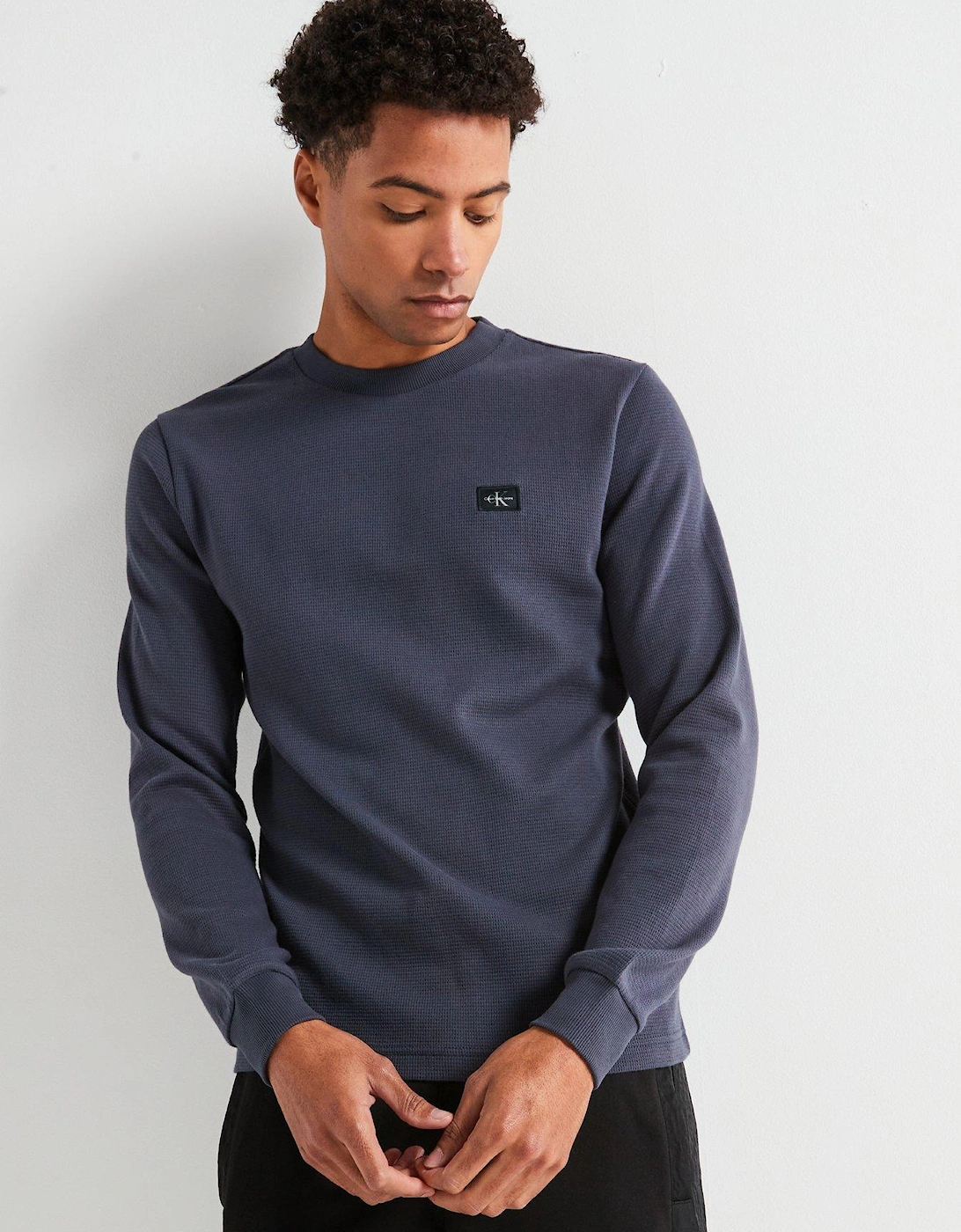 Woven Label Waffle Long Sleeve T-Shirt - Navy