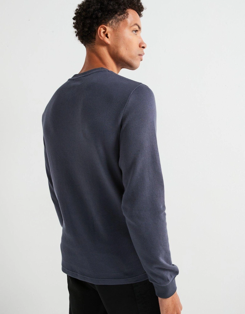 Woven Label Waffle Long Sleeve T-Shirt - Navy