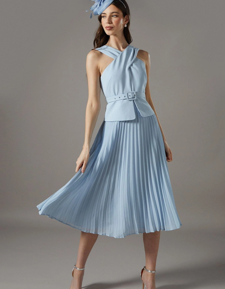 Petite Cross Over Neck Pleated Midi Dress