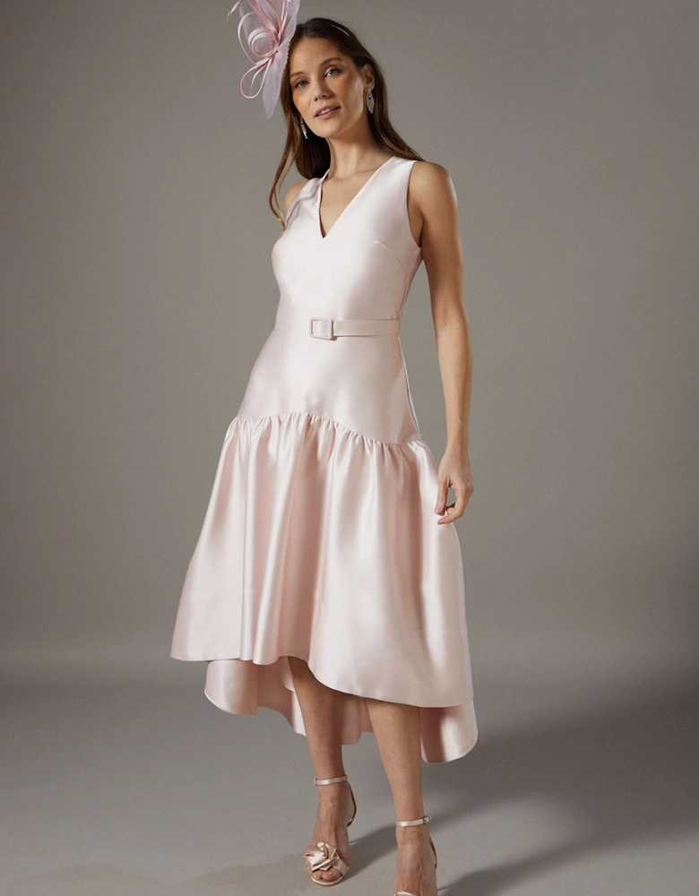 Drop Waist Satin Crepe Belted Midi Dress