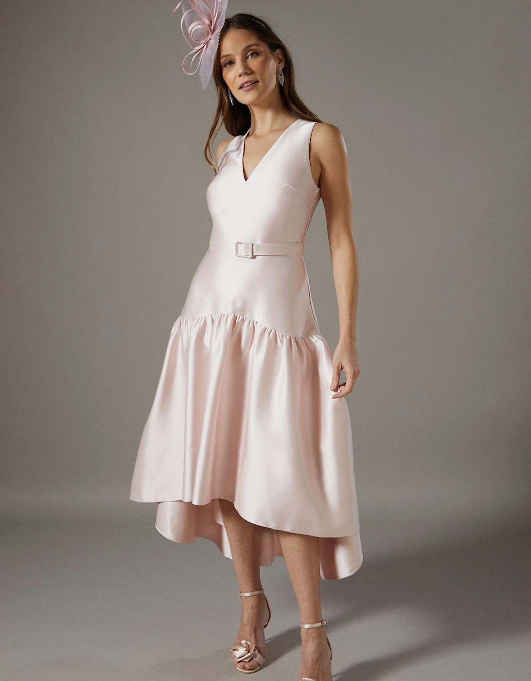 Drop Waist Satin Crepe Belted Midi Dress, 6 of 5