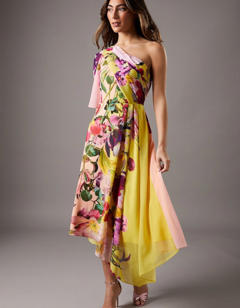 One Shoulder Printed Chiffon Dress
