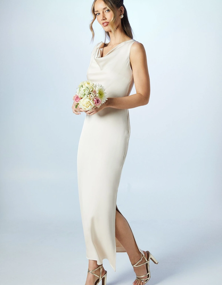 Cowl Detail Tie Shoulder Column Satin Bridesmaids Dress