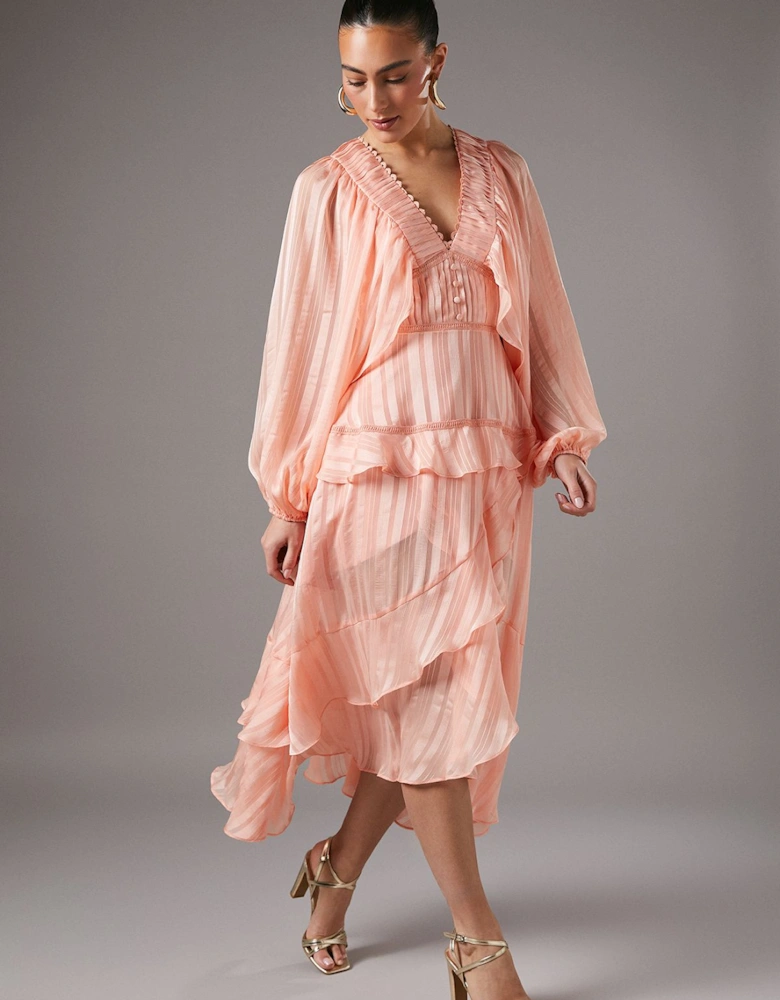 Frill Midi Dress With Blouson Sleeve