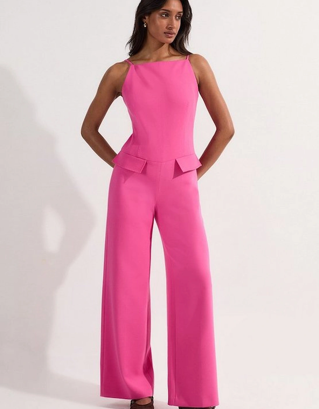 Compact Stretch Stab Stitch Square Neck Tailored Wide Leg Jumpsuit, 4 of 3