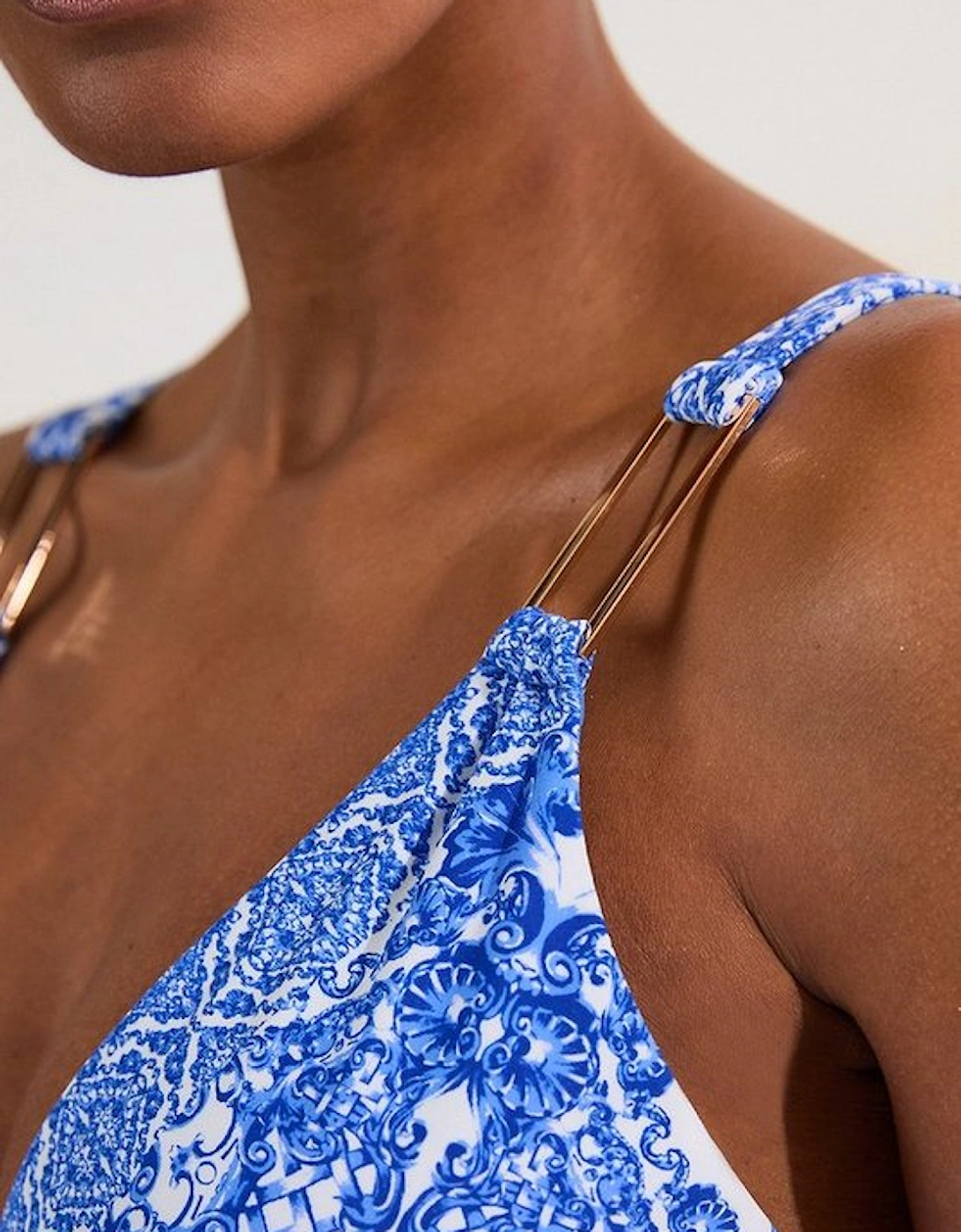 Blue Scarf Print Plunge Bikini Top