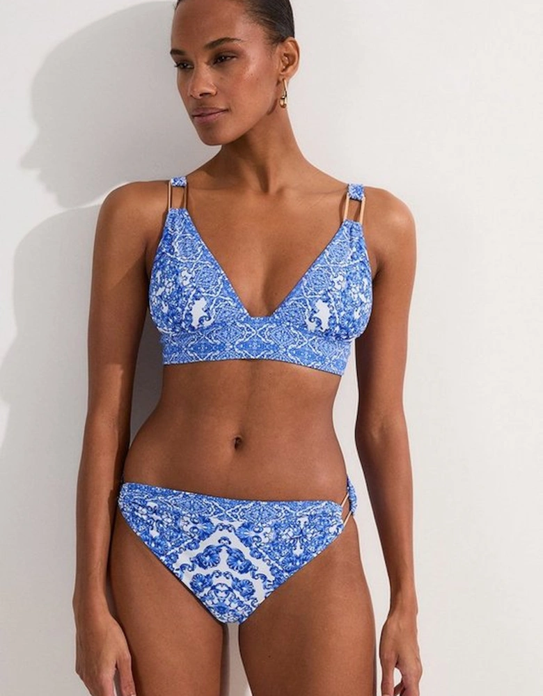 Blue Scarf Print Plunge Bikini Top