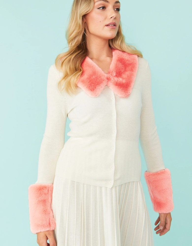 Cream Peggy Cashmere Cardigan with Faux Fur Cuffs and Collar