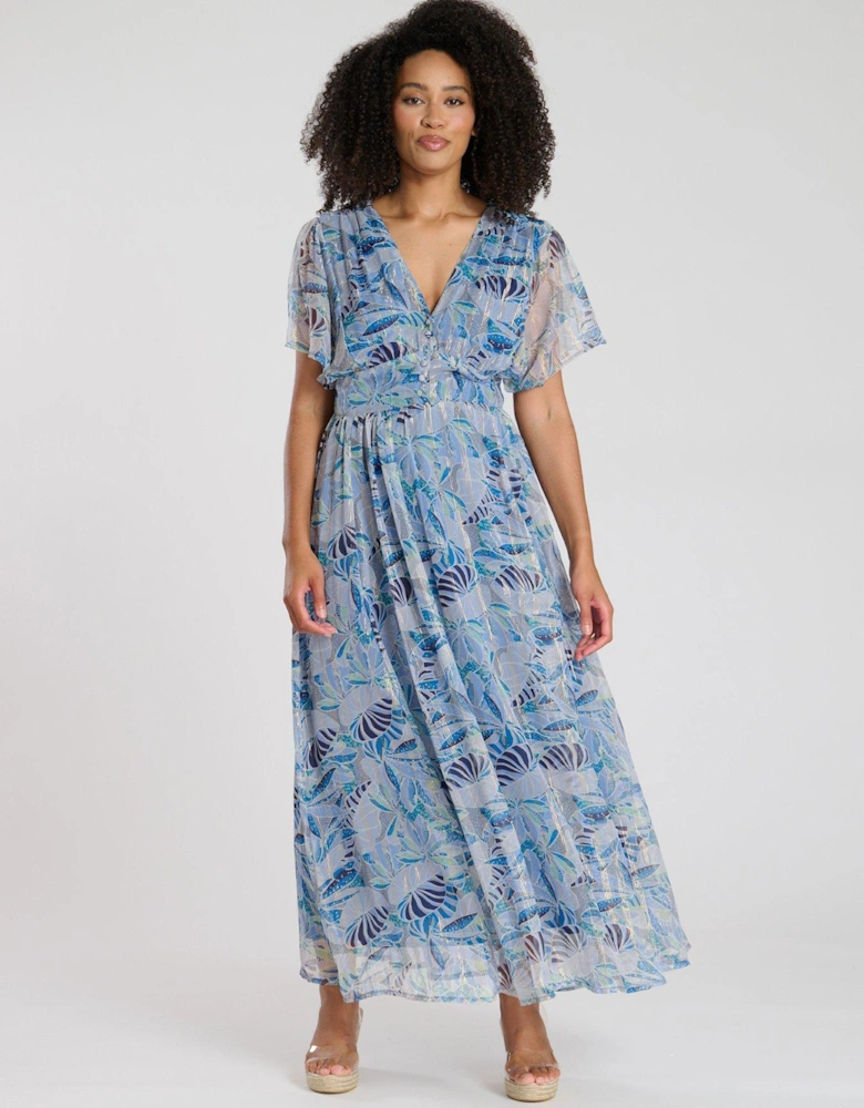 Printed Metallic Chiffon Button Detail Midi Dress