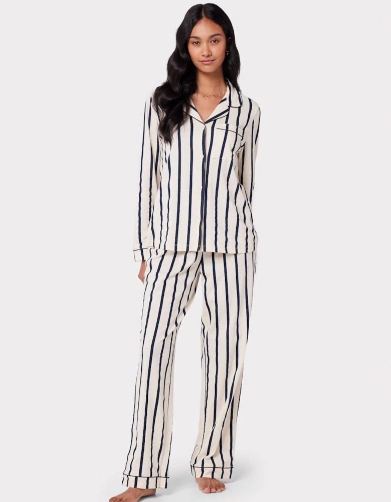 Cotton Cream & Navy Stripe Print Long Pyjama Set