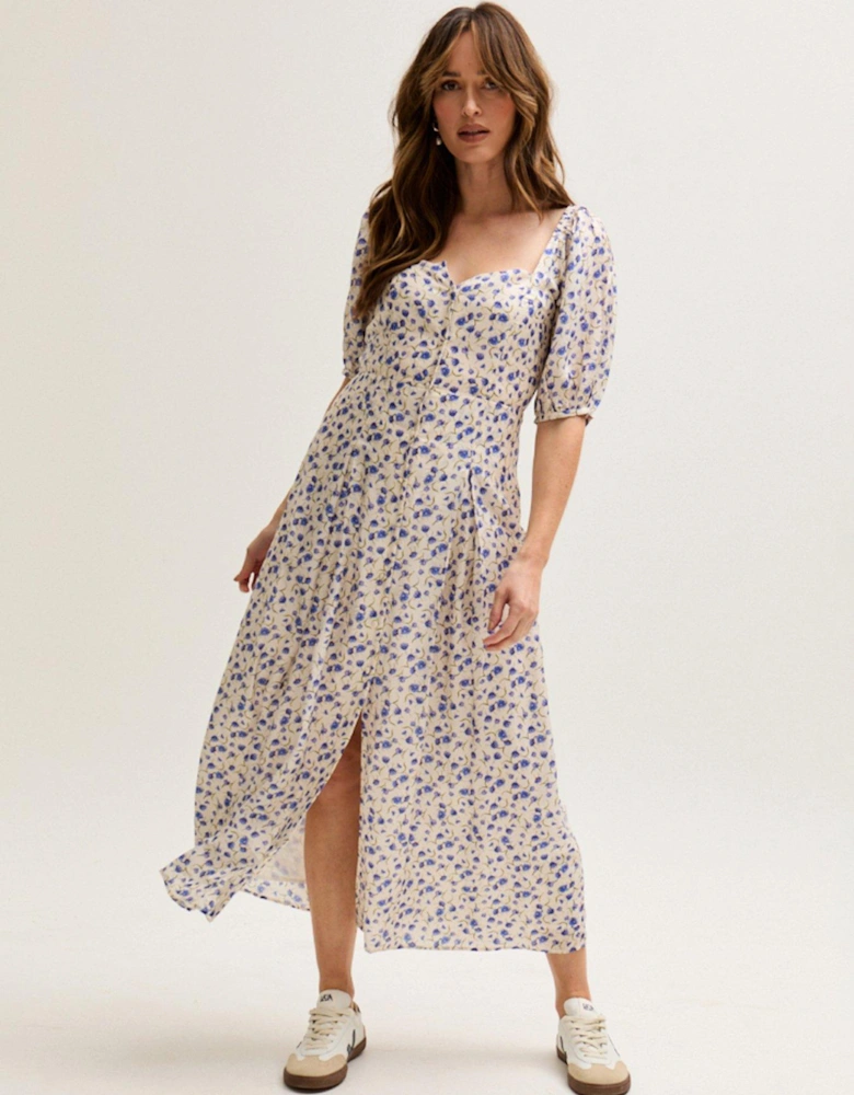 April Button Front Floral Print Midi Dress In Multi