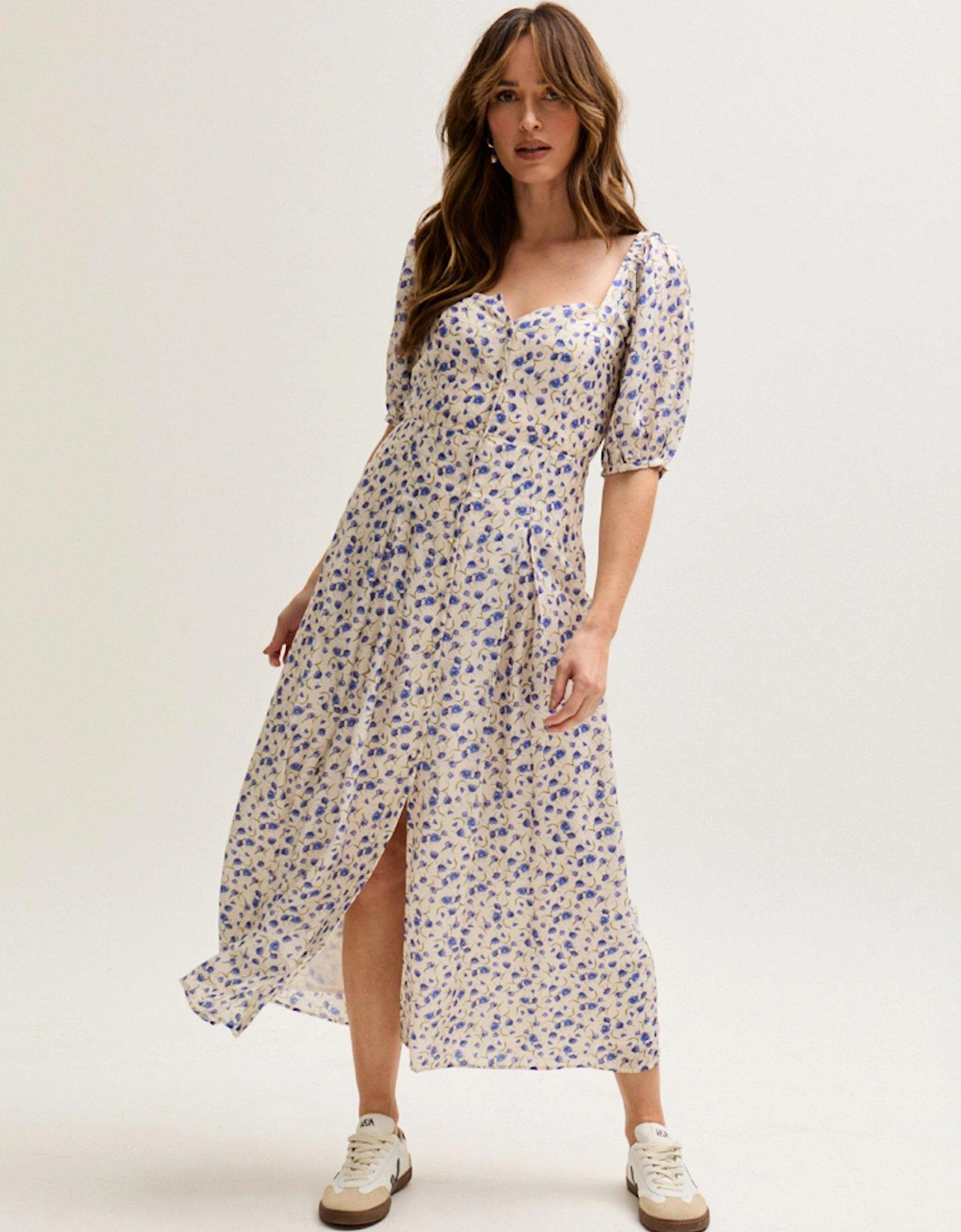 April Button Front Floral Print Midi Dress In Multi, 2 of 1