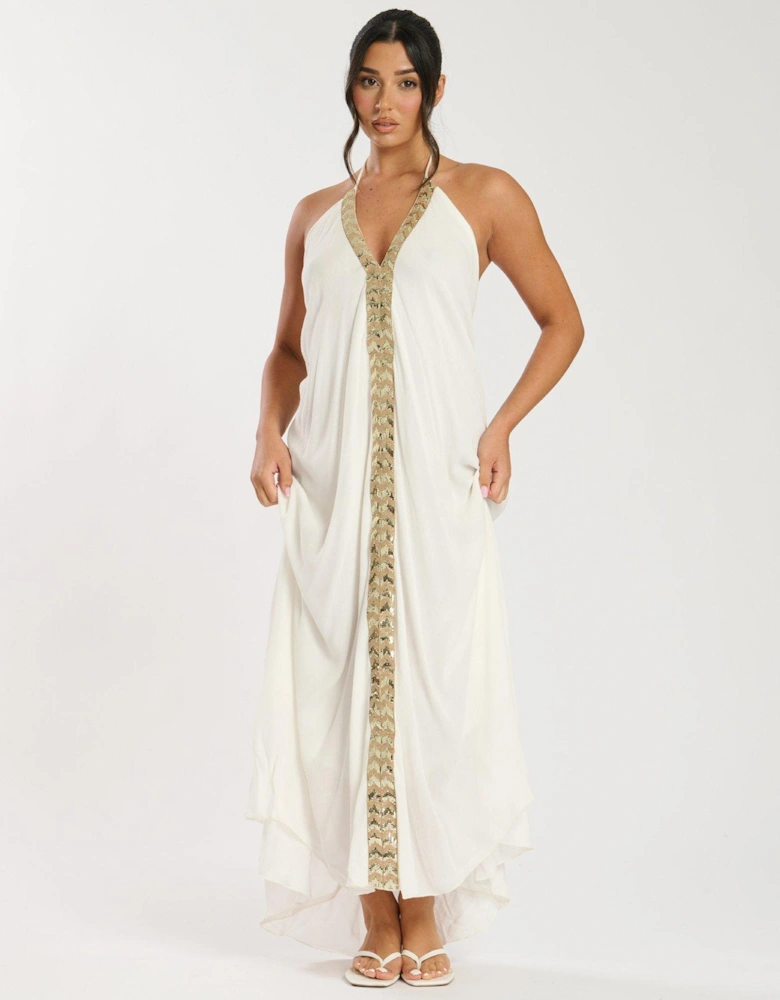 V Neck Sequin Detail Halter Maxi Dress