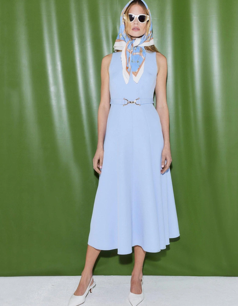 Boat Neck Belted Asymmetric Dress - Blue