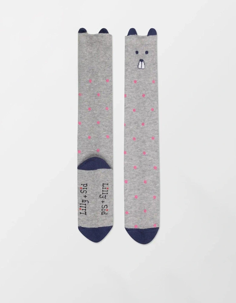 Girls Dotty Leopard Knee High Socks - Grey