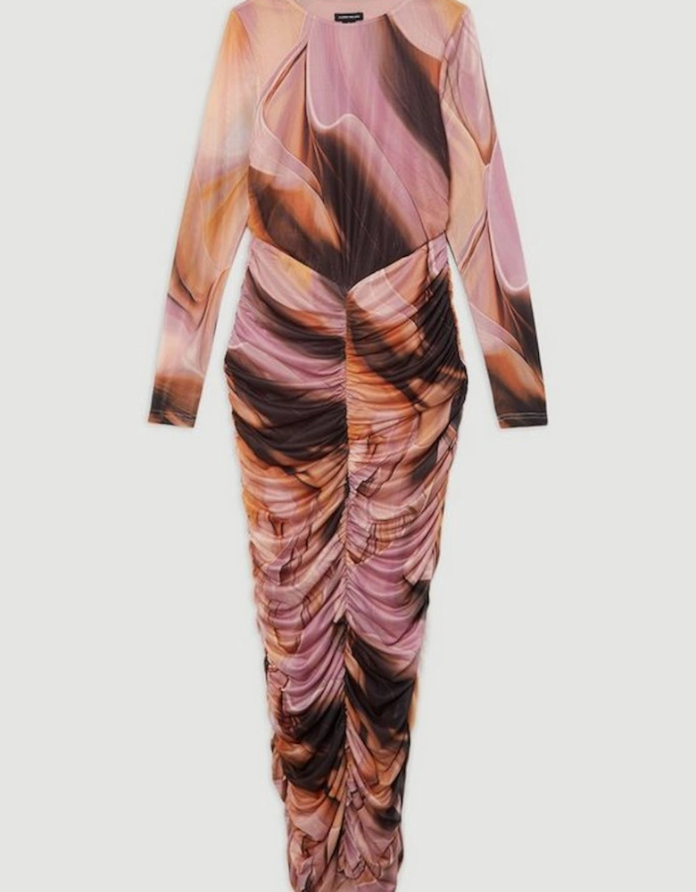 Marble Printed Mesh Ruched Long Sleeve Maxi Dress