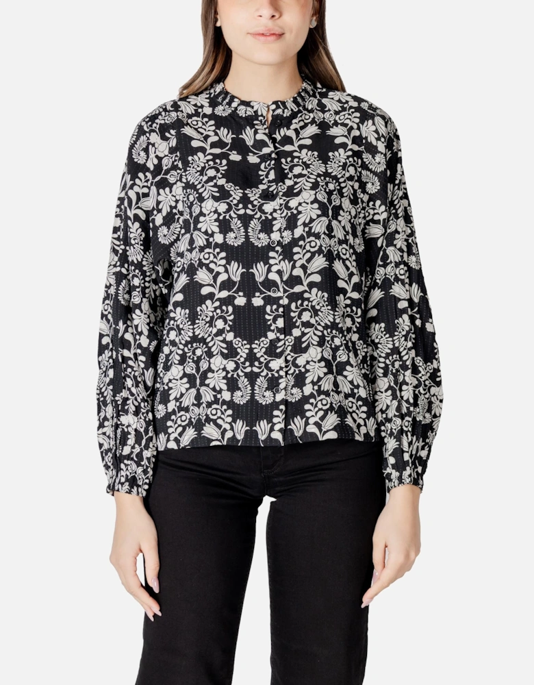 Print Button-Up Long Sleeve Blouse Women - Black